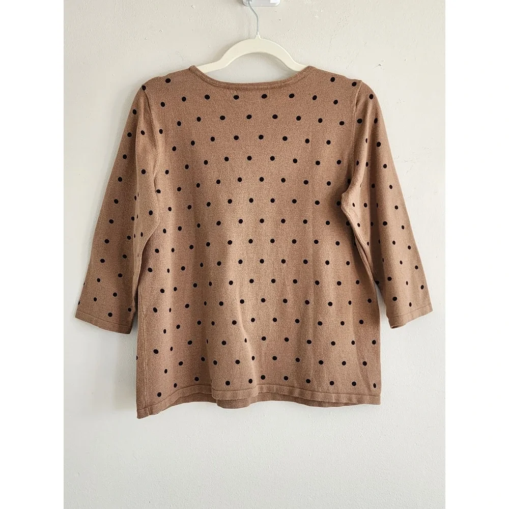 Womens Polka Dot Latte Brown Sweater Medium Classic Old Money Minimalist Chic